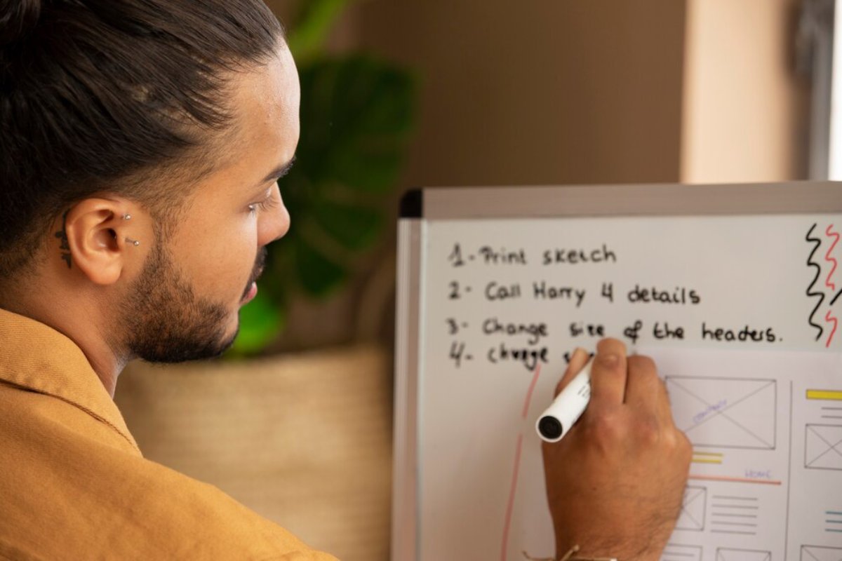 Man with long hair writing on a whiteboard, detailing tasks and diagrams.
