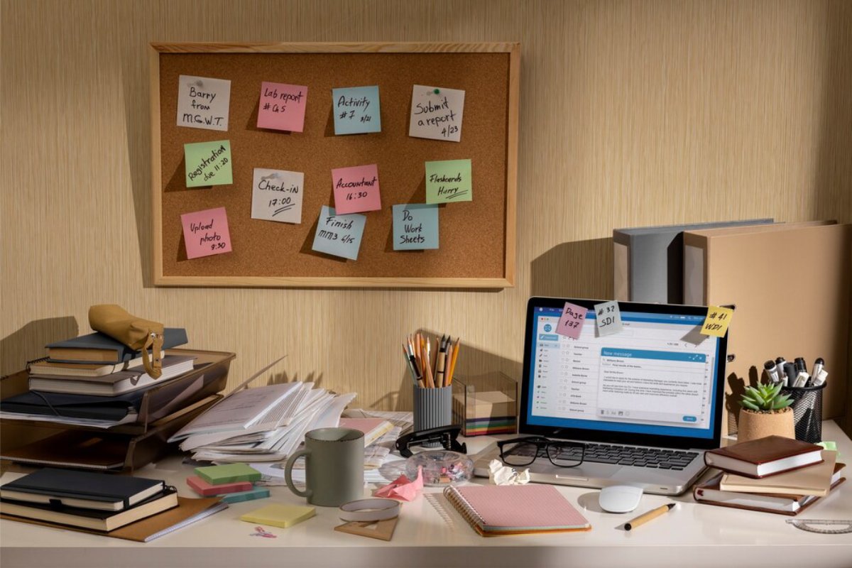 A cluttered office desk with a computer, surrounded by sticky notes, books, and office supplies.