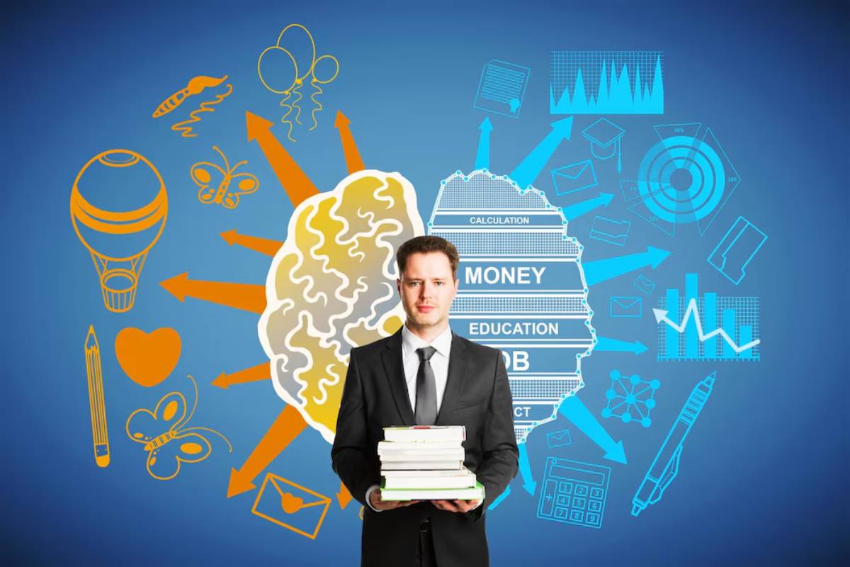 Businessman holding books, standing before a creative backdrop of a brain graphic and various education and technology icons.