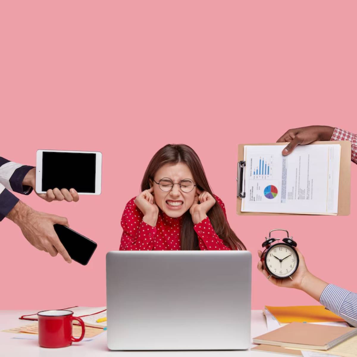 Frustrated woman at desk with laptop covering ears, surrounded by hands holding gadgets, documents, and a clock against a pink background.