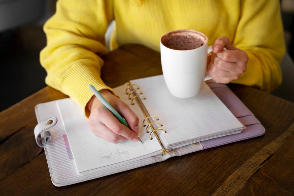A person in a yellow sweater writes in a notebook while holding a white mug of hot chocolate, seated at a wooden table.