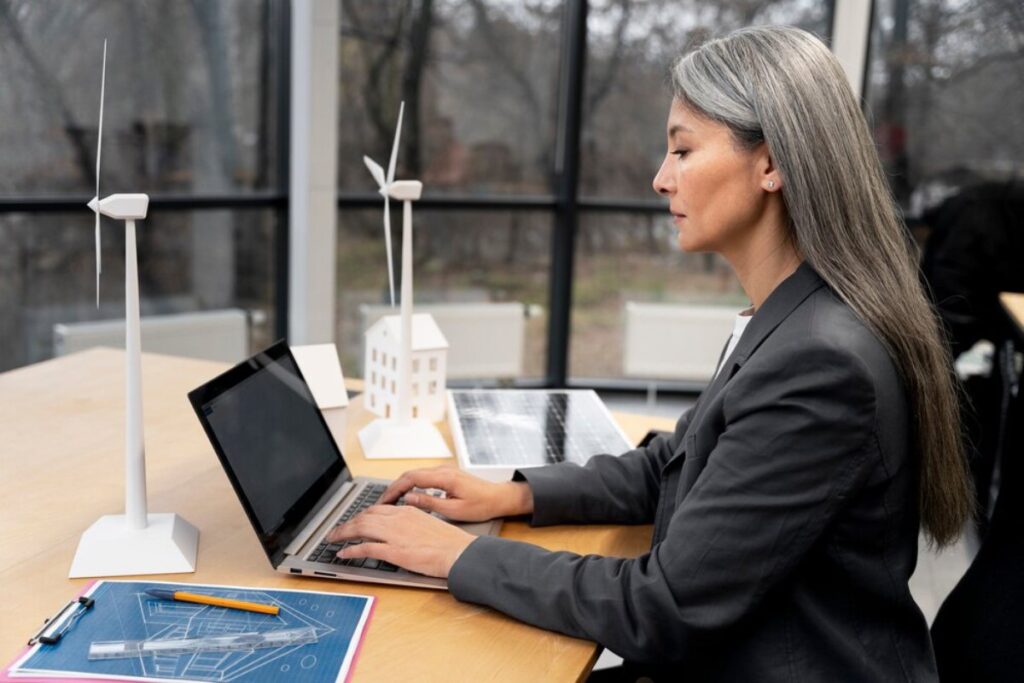 A professional woman works on a laptop surrounded by models of wind turbines and solar panels in a modern office.