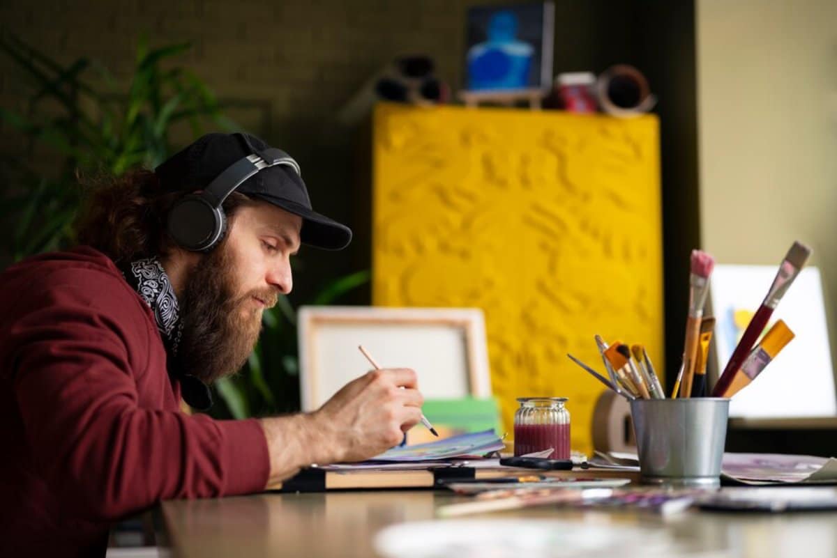 Man in headphones focused on painting at a cluttered desk, surrounded by art supplies and a colorful backdrop.