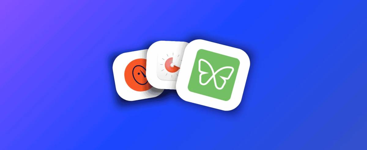 Three app icons on a vibrant blue-purple gradient background: a clock, a timer, and a butterfly, representing productivity and wellness.
